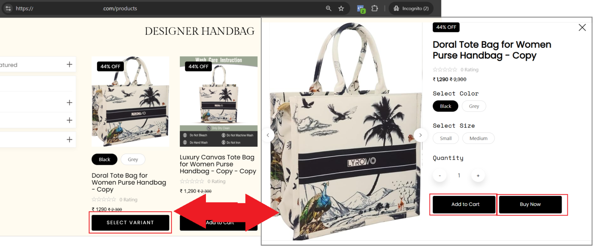 The ‘Add to cart’ and ‘Buy now’ buttons on the select variant popup