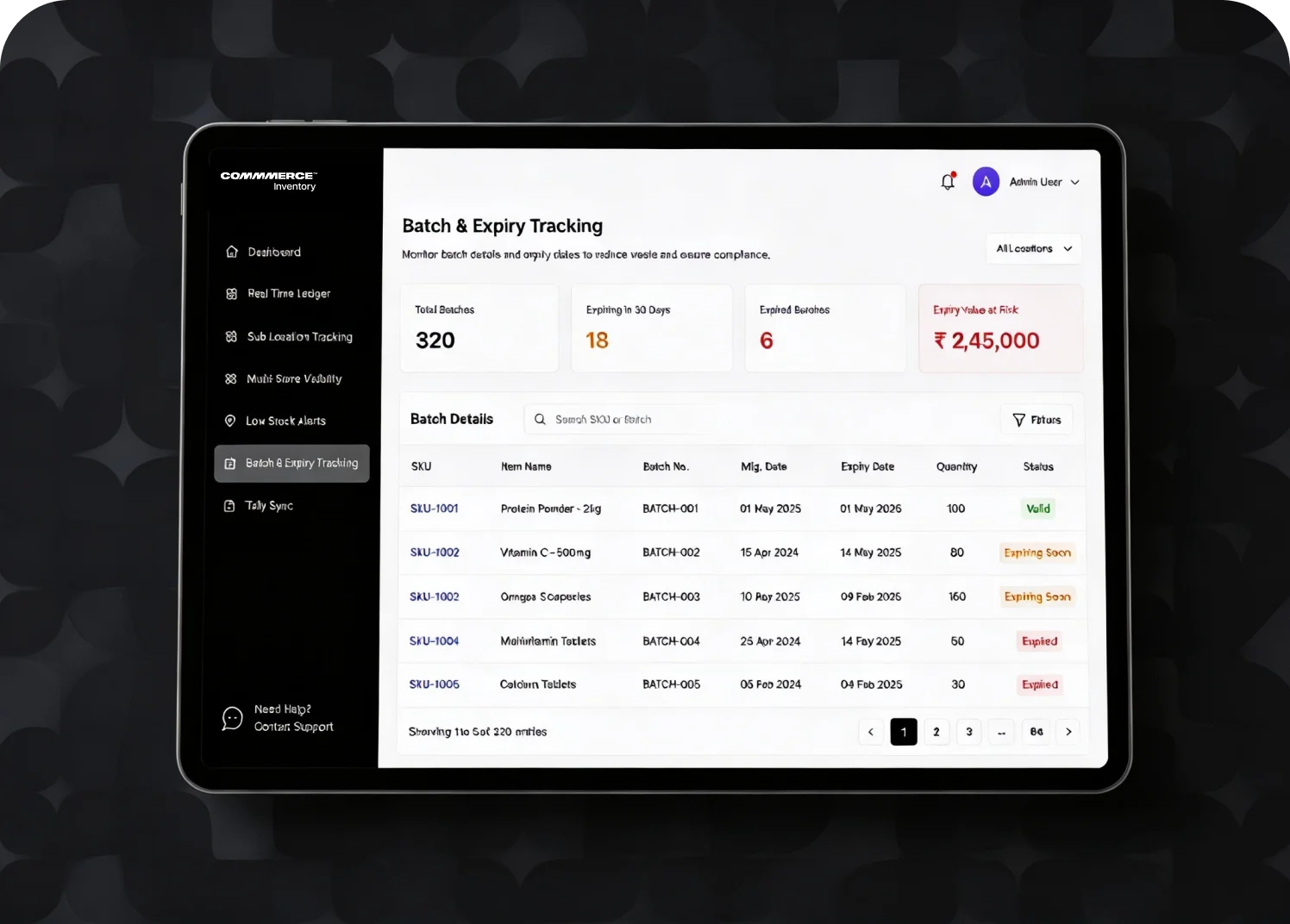 Batch and Expiry Tracking dashboard