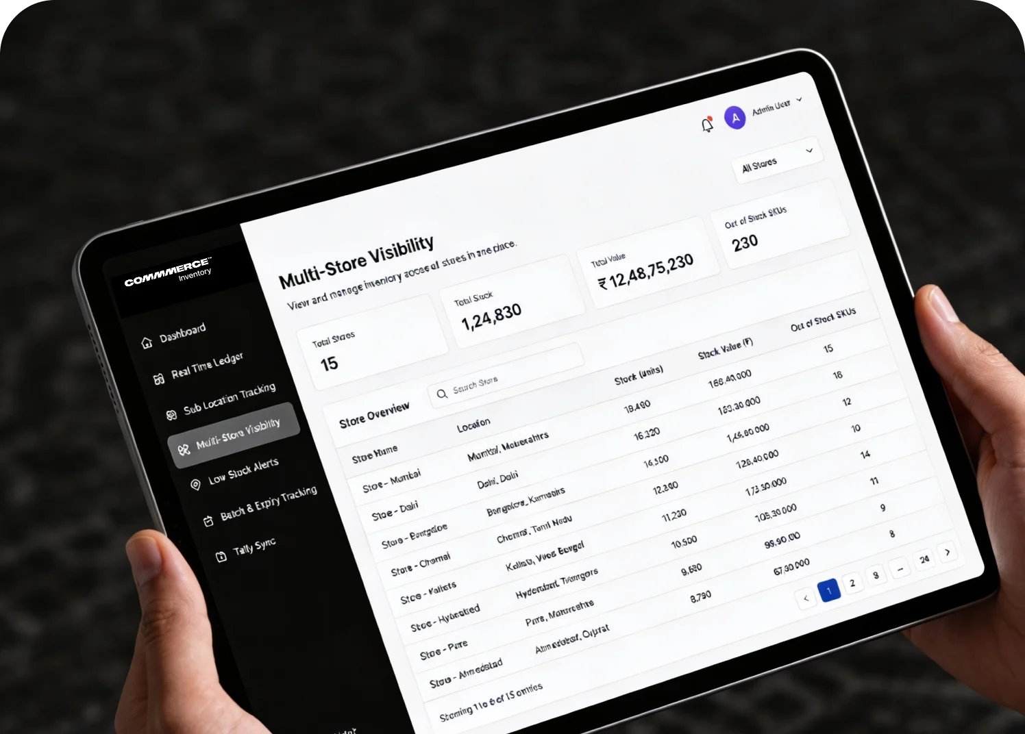 Multi Store Visibility UI held on a tablet
