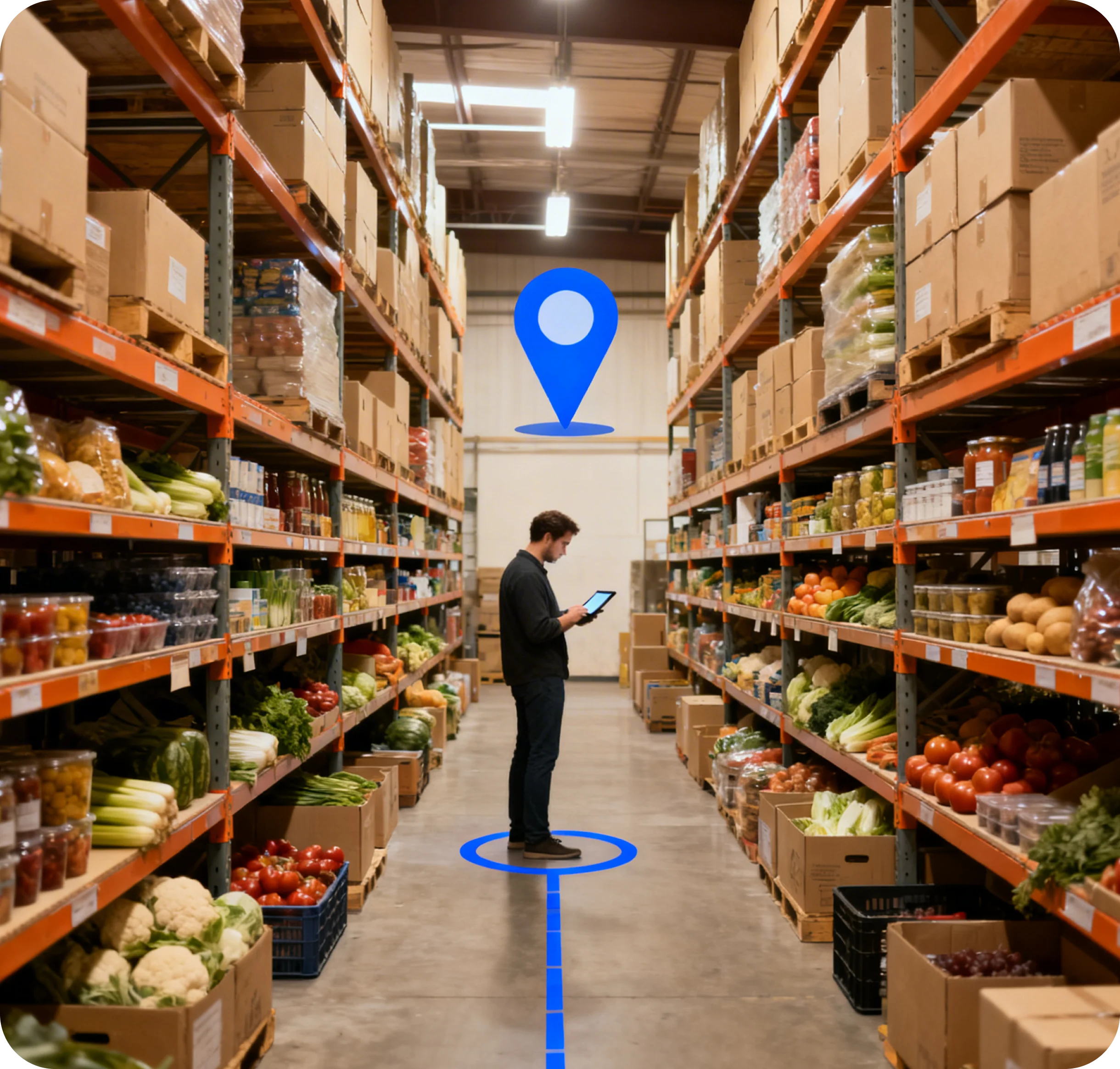 A person managing real-time inventory inside a warehouse tracking aisles with a tablet interface
